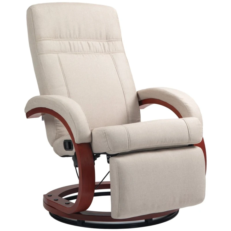 Image of HOMCOM Swivel Recliner Chair with Extended Footrest, Manual Reclining Armchair with Wood Base for Living Room, Bedroom Beige
