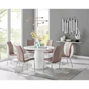 Image of Furniture Box Palma White High Gloss Round Dining Table and 6 Cappuccino Isco Chairs