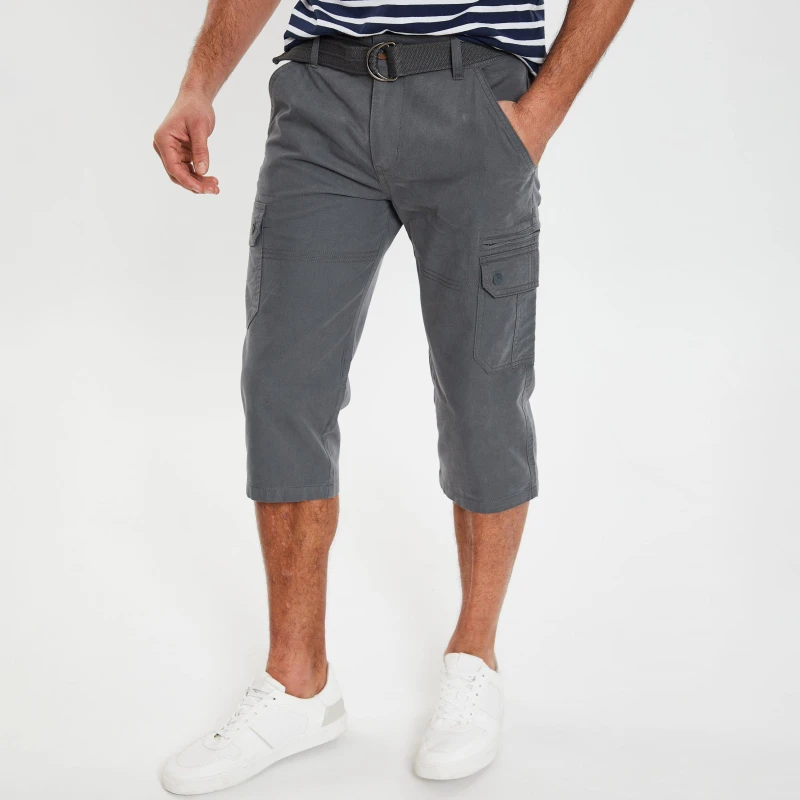 Image of Threadbare 'Panel' 3/4 Length Belted Cargo Trousers Charcoal