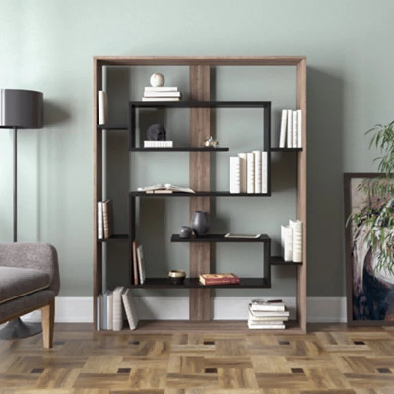Image of Decorotika Esteban Geometric Bookcase Shelving Unit Walnut & Black