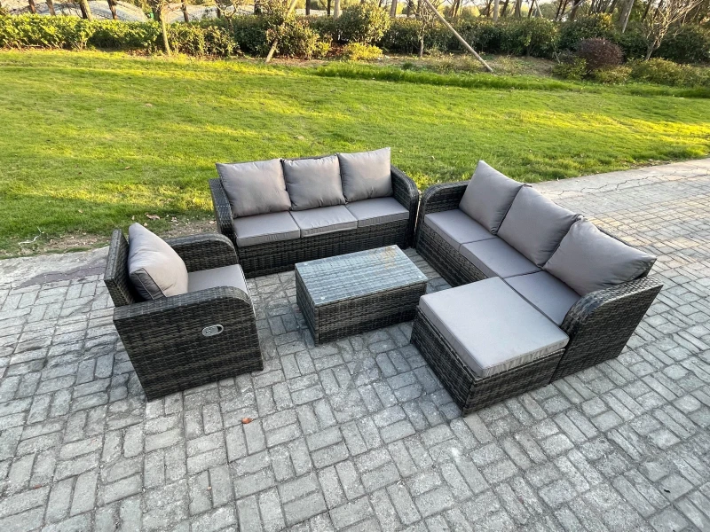 Image of Fimous 8 Seater Rattan Outdoor Garden Furniture Sofa Set Patio Table & Chairs Set with 3 Seater Sofa Reclining Chair 3 Seater Sofa Big Footstool Dark