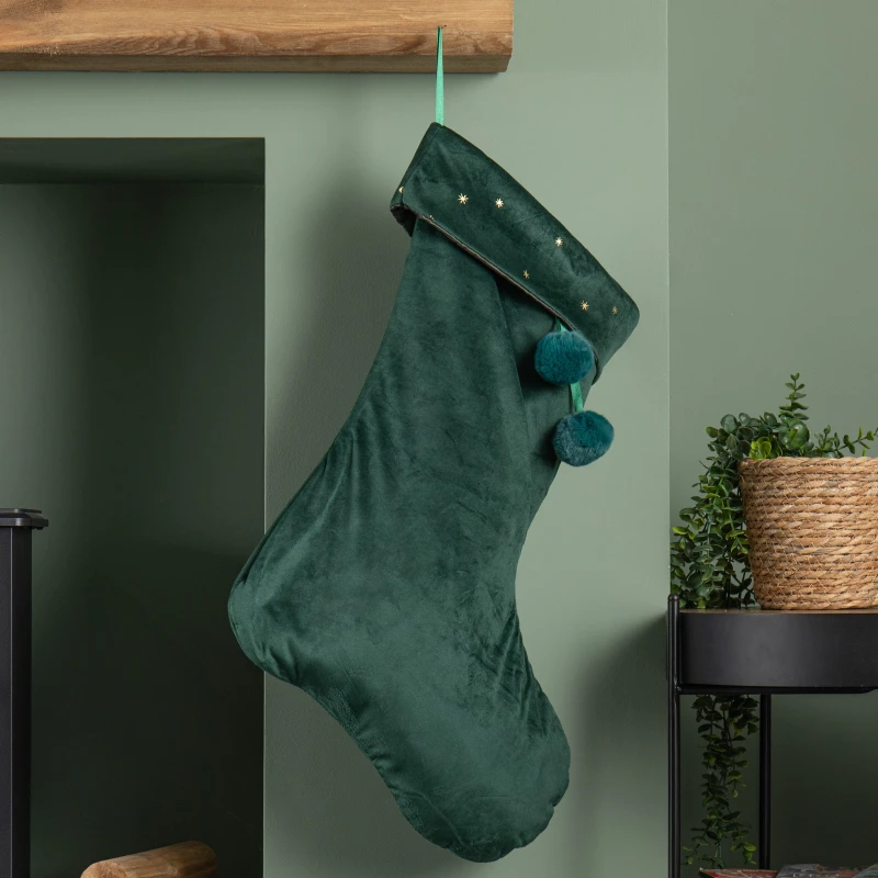 Image of 70cm Hanging Dark Green Velour Star Print Christmas Stocking with Pom Poms