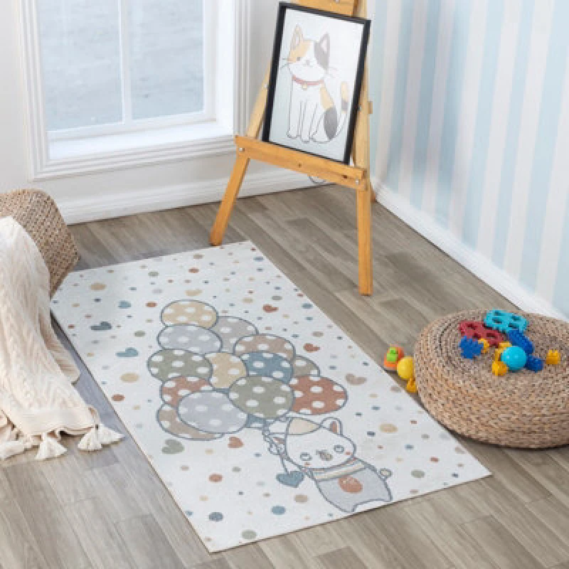 Image of Livabliss Kids Machine Washable Multicolour/beige Bedroom Ballon Buddy Area Rug 80 X 150 Cm - Soft & Safe Rug For Kids Spaces