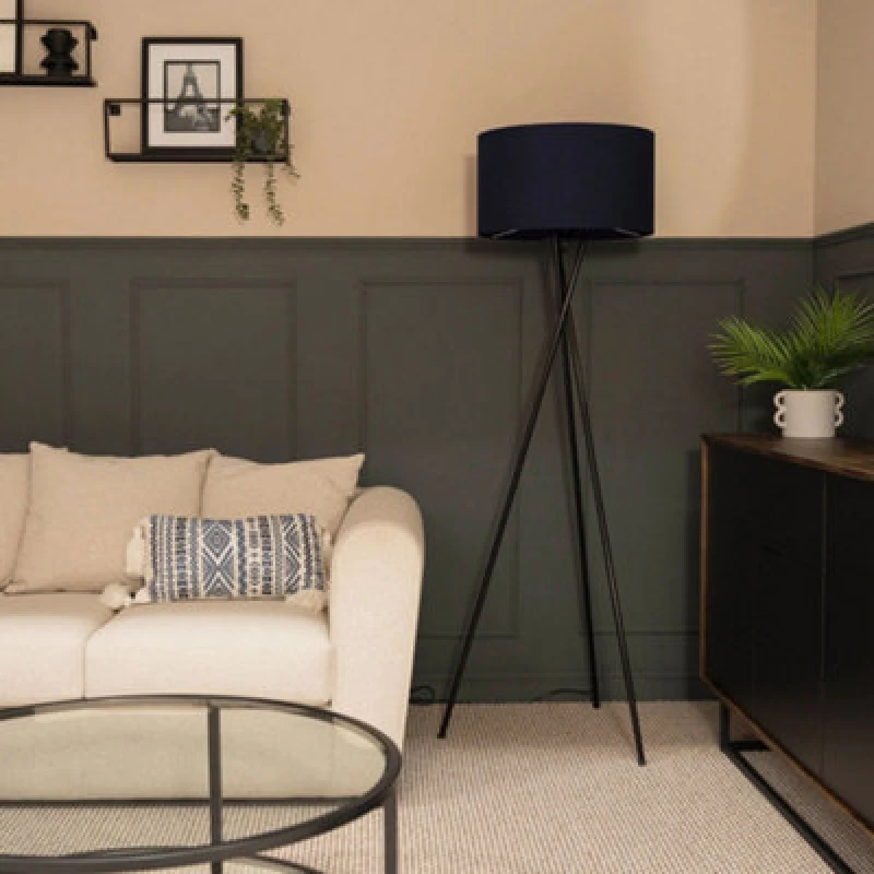 Image of ValueLights ValueLights Camden Black Metal Tripod Floor Lamp with Navy Blue Drum Lamp Shade in Dark Navy Dark Navy One Size Unisex 5059406017797