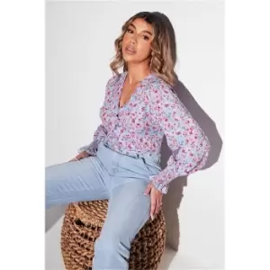 Image of I Saw It First Baby Blue Floral Woven Extreme Puff Sleeve Blouse - Blue