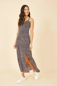Image of Black Ditsy Print Midi Dress With Side Split
