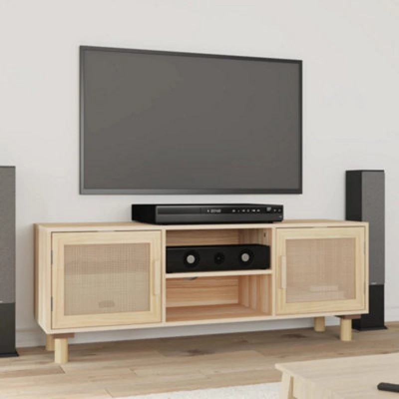 Image of Vidaxl TV Cabinet Brown 105X30X40 Cm Solid Wood Pine&natural Rattan, Brown 345617