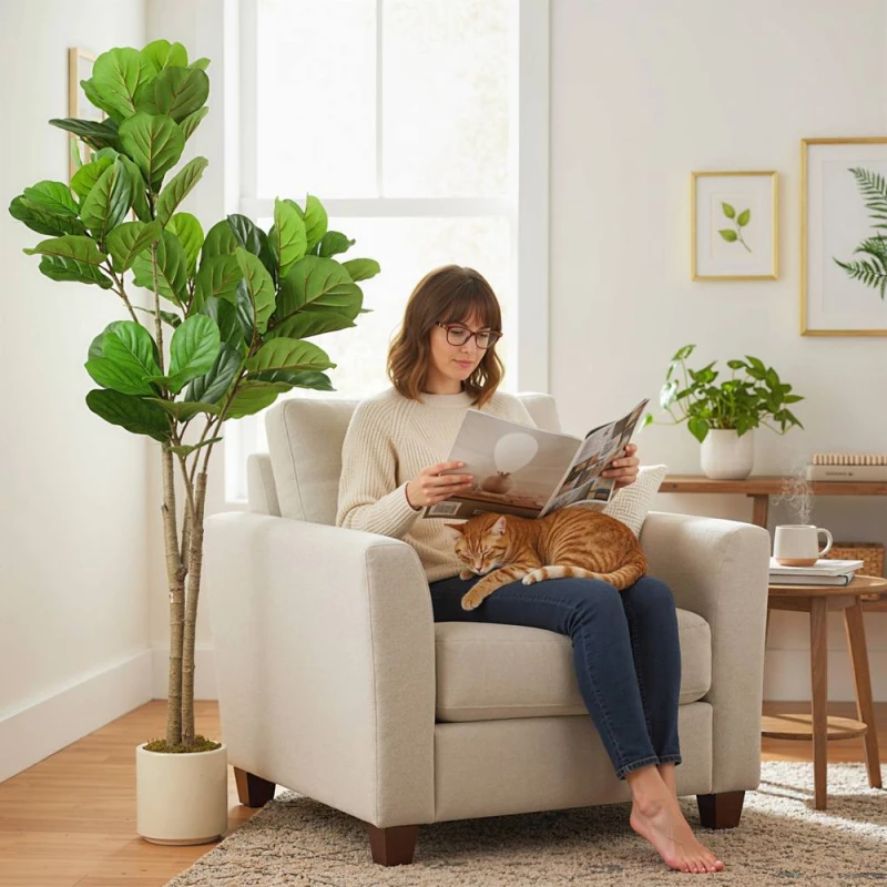 Image of HOMCOM 150cm Artificial Fiddle Leaf Fig Tree, Realistic Fake Plant, Green Green Unisex