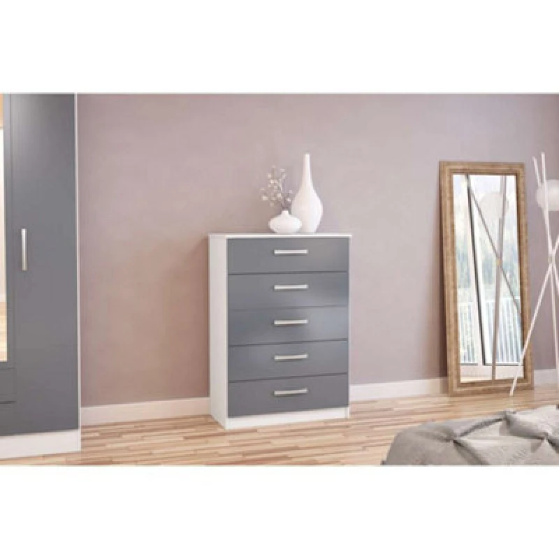 Image of Birlea Lynx Grey High Gloss and White 5 Drawer Chest of Drawers