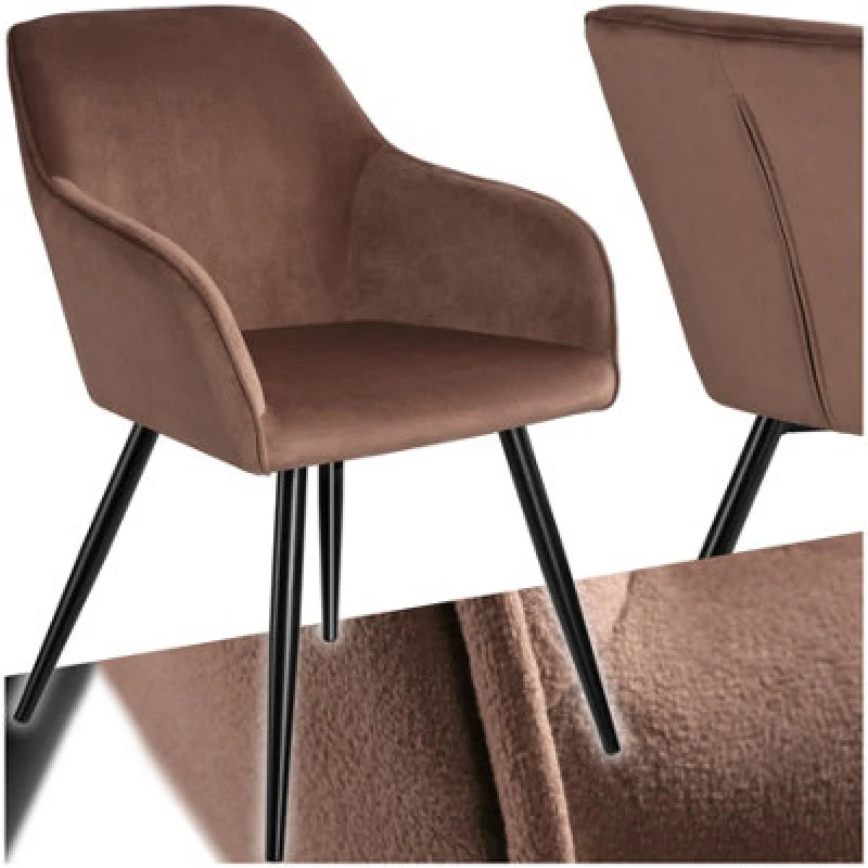 Image of Tectake 1 Dining Chair Marilyn - With Armrests, Padded, Velvet Look, Black Steel Legs - Brown/black