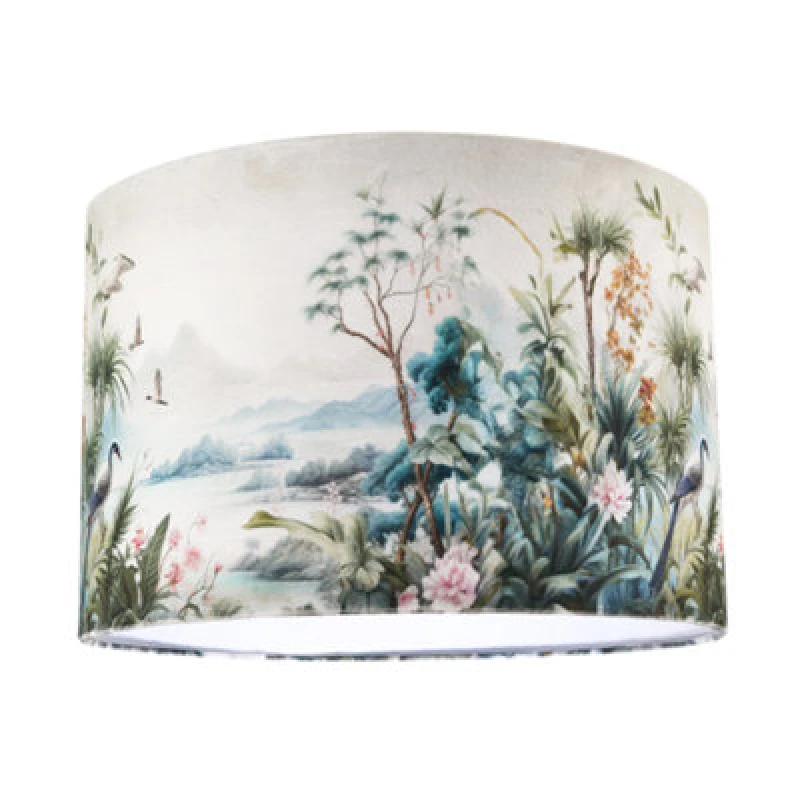 Image of Happy Homewares Jungle And Mountain Velvet Fabric Shade With Pink Flowers And Birds