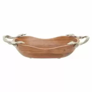 Image of Interiors By Ph Large Oval Bowl, Acacia Wood, Aluminium Leaf Handles