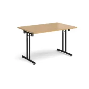 Image of Rectangular folding leg table with Black legs and straight foot rails 1200mm x 800mm - oak