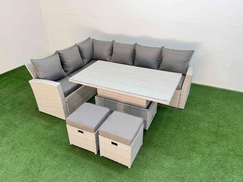 Image of Fimous 8 Seat Garden Furniture Corner Sofa with Armchair 2 Small Footstools in Light Grey Light Grey Unisex