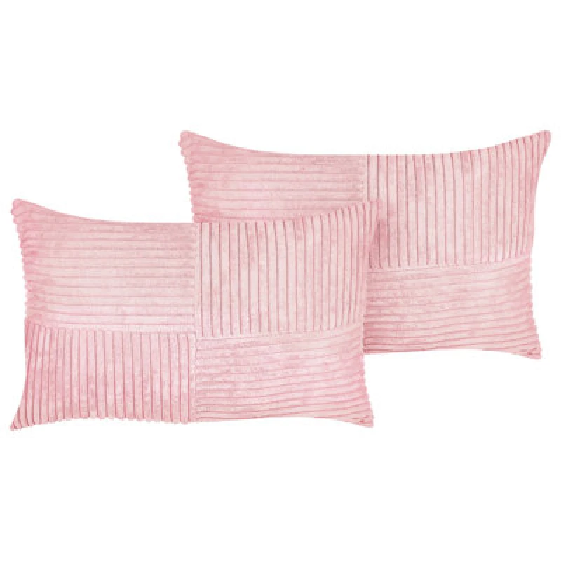 Image of Beliani Set Of 2 Decorative Cushions Millet Corduroy 30 X 50 Cm Pink Geometric Pattern
