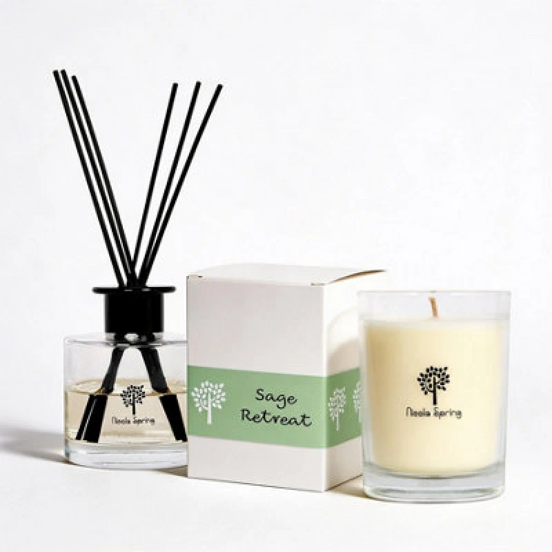 Image of Nicola Spring Candle & Diffuser Set - 160G Sage Retreat Soy Wax Jar & 200ml Reed Diffuser - Herbal Spa Fragrance Long Burn