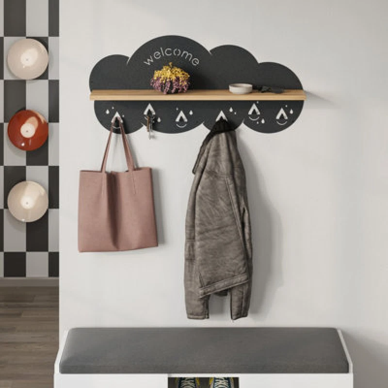 Image of Decortie Cloudy Wall-Mounted Metal Hanger Oak Shelf With 6 Metal Hooks Welcome Cloud Shape Functional Storage Hanger Entryway