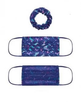 Image of Monsoon Girls 2 Pack Unicorn Face Covers And Scrunchie Set - Navy