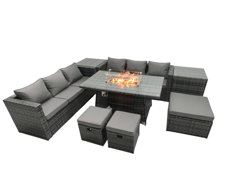 Image of Fimous Rattan Garden Furniture Firepit Dining Set 9 Seater Lounge Sofa Table Set with 2 Side Table 3 Footstool Dark Grey
