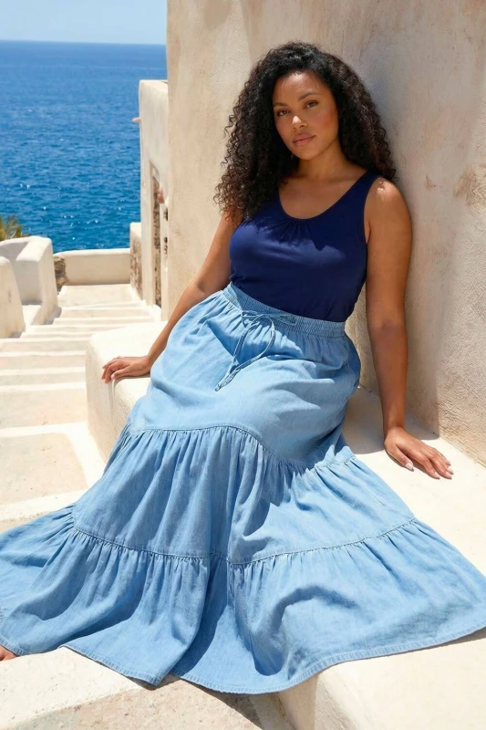 Image of Roman Womens Curve Tiered Woven Maxi Skirt in Mid Blue Size: 20 Mid Blue Female 20
