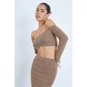 Image of I Saw It First Mink Ribbed Off The Shoulder Sleeve Crop Top - Brown