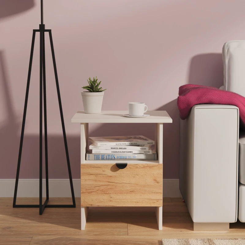 Image of Welcome Furniture Ltd Bora Bottom Drawer Lamp Table in Gold Craft Oak & Kashmir - Ready Assembled, Cream BOP224GCKM