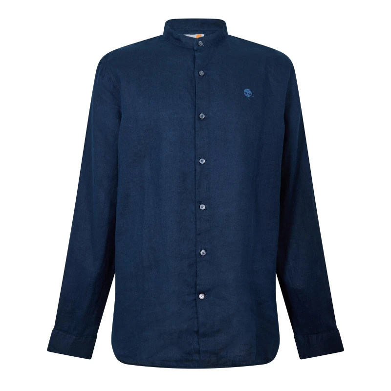 Image of Timberland Mens Linen Korean Collar Long Sleeve Oxford Shirt Dark Sapphire male S