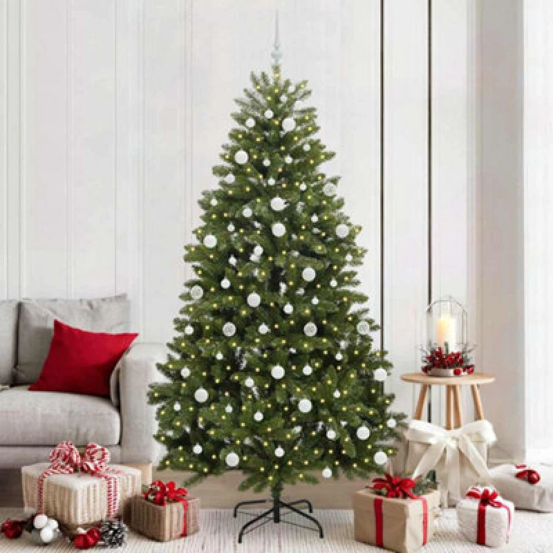 Image of vidaXL Artificial Christmas Tree with White Balls Green 210cm PVC and Metal, Green 3395697