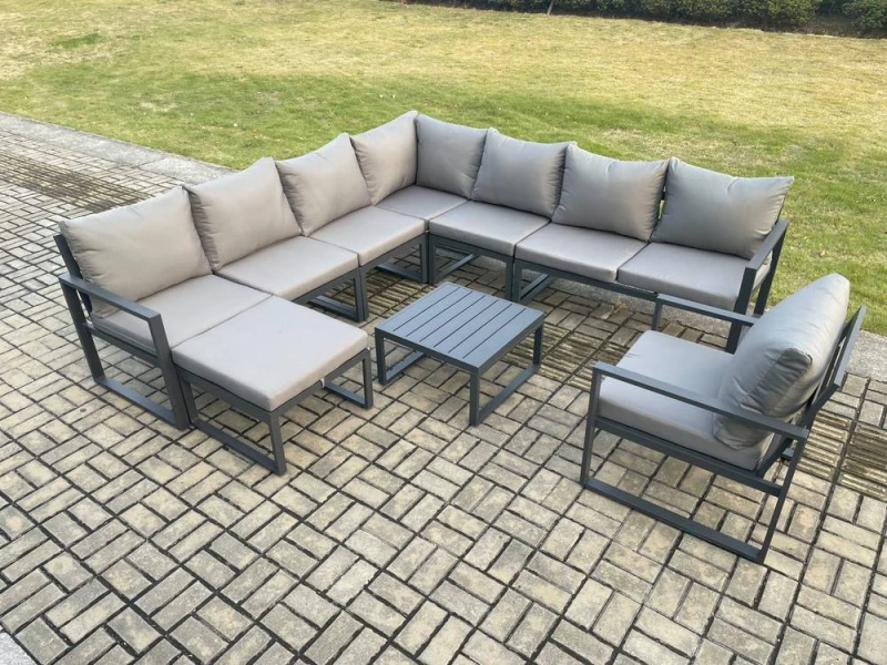 Image of Fimous Outdoor Garden Furniture Patio Lounge Corner Sofa Aluminium Set with Square Coffee Table Big Footstool Chair Dark Grey Dark Grey Unisex