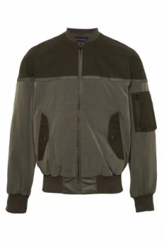 Image of Mens French Connection Patchwork Carbon Wax Coating Bomber Jacket Forest Green