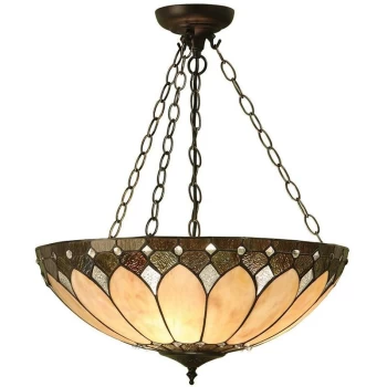 Image of Interiors 1900 Lighting - Interiors Brooklyn - 3 Light Large Inverted Ceiling Pendant Dark Bronze, Tiffany glass, E27