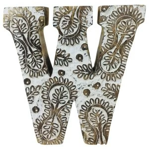 Image of Letter W Hand Carved Wooden White Flower