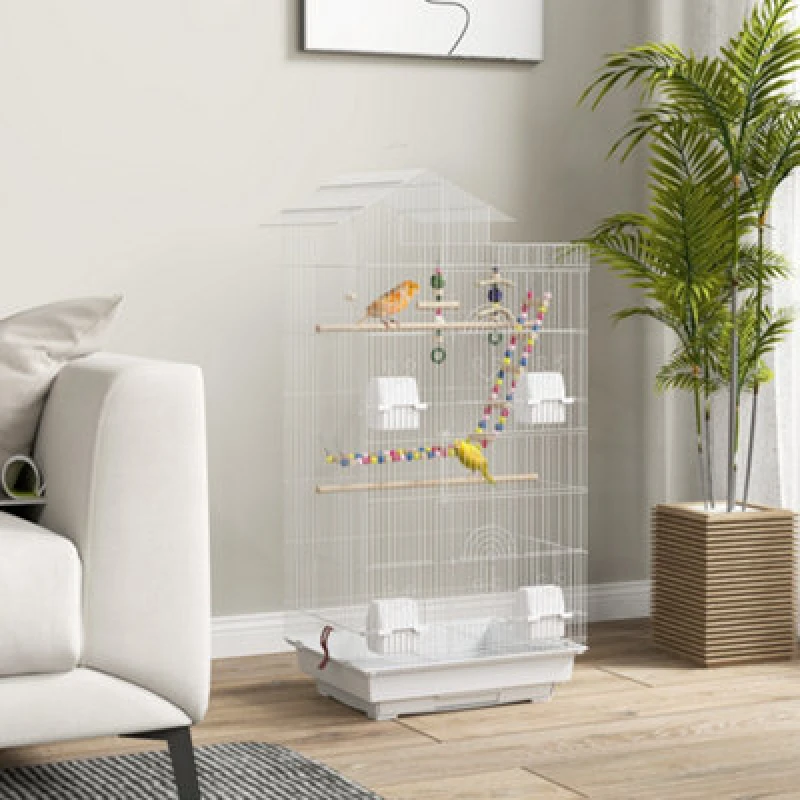 Image of PawHut Bird Cage for Budgies, Finches, Canaries w/ Toys, Tray, White D10-081V00WT