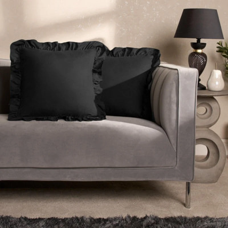 Image of OHS OHS 2 x Plain Faux Linen Frill Cushion Covers in Black Size: 45cm x 45cm Black 45cm x 45cm Unisex 5027434177363