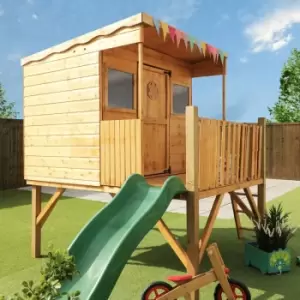 Image of Waltons - EST. 1878 Childrens Outdoor Wooden Pent Style Garden Den Playhouse with Tower and Slide - Brown