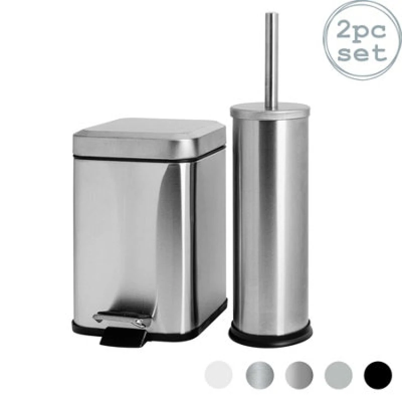 Image of Harbour Housewares Bathroom Bin & Toilet Brush Set - 3L - Brushed - Mismatched Stainless Steel Slim Trashcan Rubbish Bin & Brush