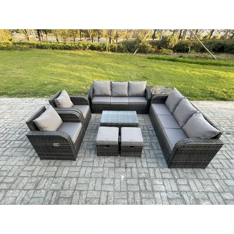 Image of Fimous Rattan Outdoor Garden Furniture Sofa Set Patio Table & Chairs Set with 3 Seater Sofa Chair Side Table 2 Small Footstools Dark Grey Mixed Dark G