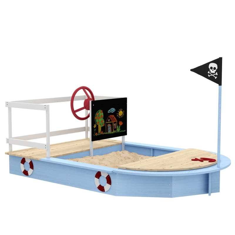 Image of Outsunny Kids Wooden Sandbox, Pirate Ship Design, Spacious Outdoor Play Area, Nautical Blue