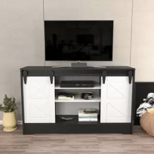 Image of Decorotika - Nisay 140 Cm Wide Decorative tv Stand, tv Console, tv Unit With Open Shelves, Cabinet And For Living Room, Hallway - Dark Grey And White