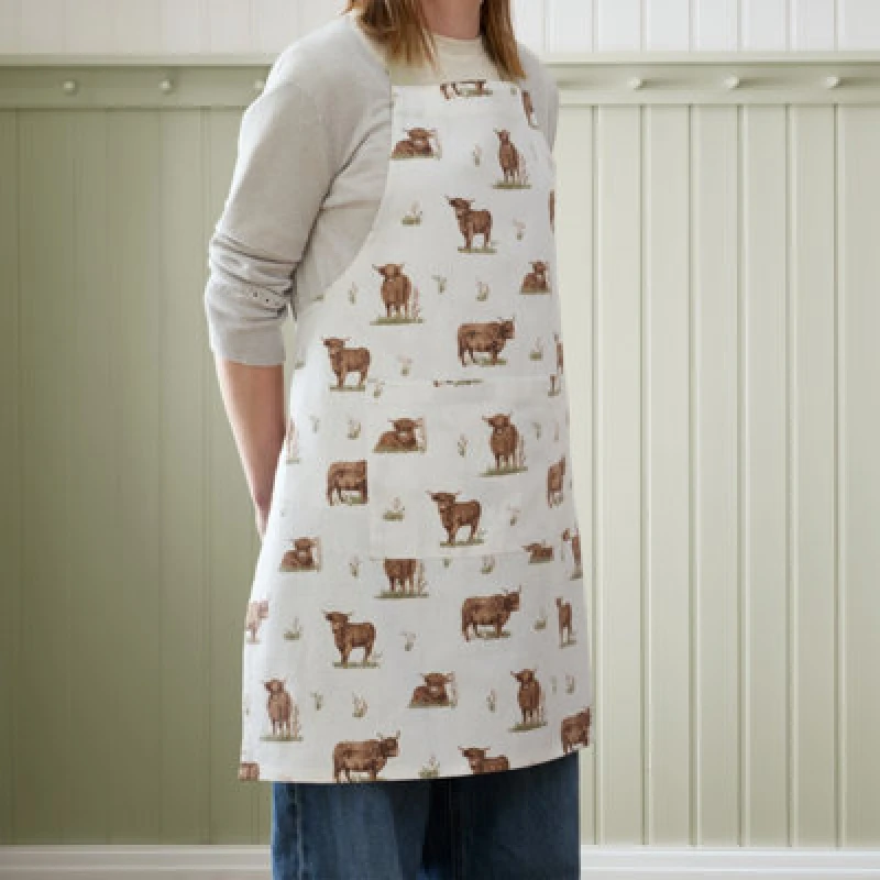 Image of Catherine Lansfield Angus Highland Cow Cotton 70X80Cm Kitchen Adult Apron Natural