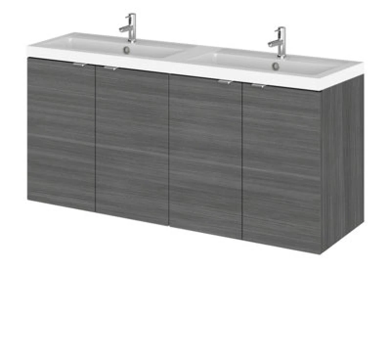Image of Hudson Reed Fusion Wall Hung 4 Door Vanity Unit & Twin Polymarble Basin, Sink Vanity Unit, Anthracite Woodgrain, 1200mm