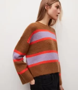 Image of AllSaints Womens Gini Striped Jumper, Brown/Orange/Blue, Size: M
