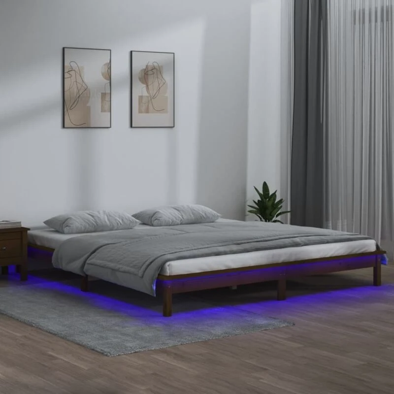 Image of vidaXL LED Bed Frame Honey Brown 200x200cm Solid Wood, Brown 820629