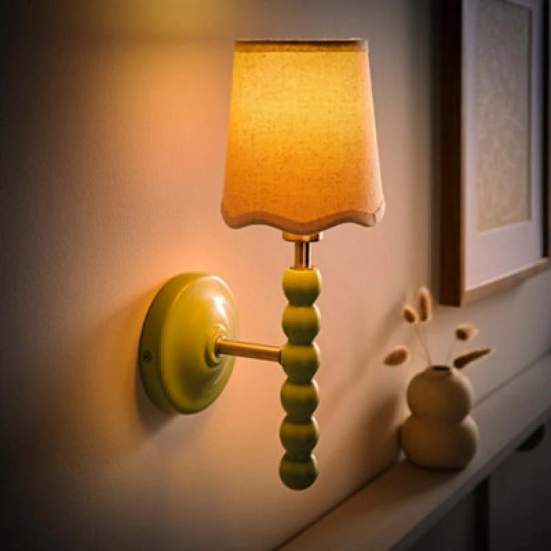 Image of ValueLights ValueLights Bobbins Pastel Bobble Wall Light and Natural Linen Lamp Shade and Bulb in Pale Green Pale Green One Size Unisex 5059406069338