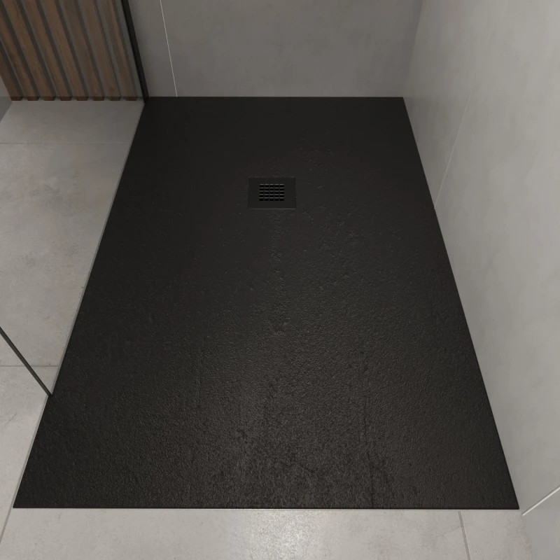 Image of 1000x800mm Stone Resin Black Slate Effect Rectangular Shower Tray with Grate - Sileti OBN1080010