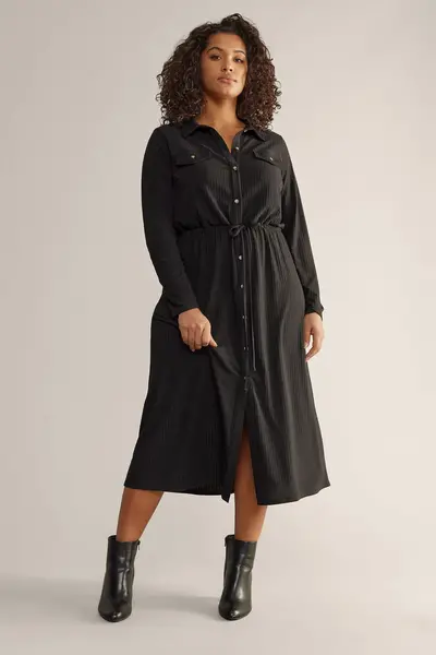 Image of Evans Ribbed Utility Shirt Dress Black
