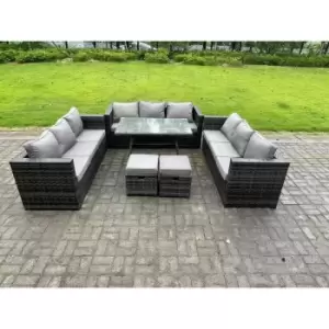 Image of Fimous 9 Seater Outdoor Dark Grey Rattan Lounge Complete Sofa Set with Dining Table and 2 Stools