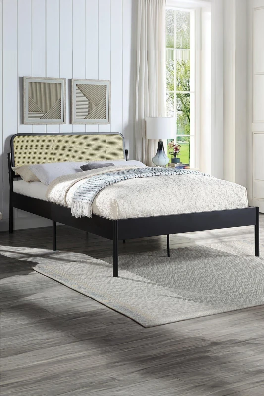 Image of Slumberworx Cheshunt Black Metal Rattan Headboard Bed Frame - Double, Black 5055744835949