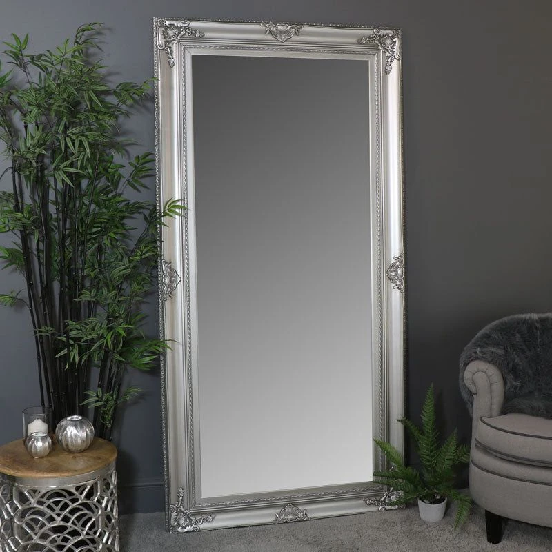 Image of Melody Maison Extra Large Ornate Silver Wall / Floor / Leaner Mirror 100cm X 200cm Metallic Silver