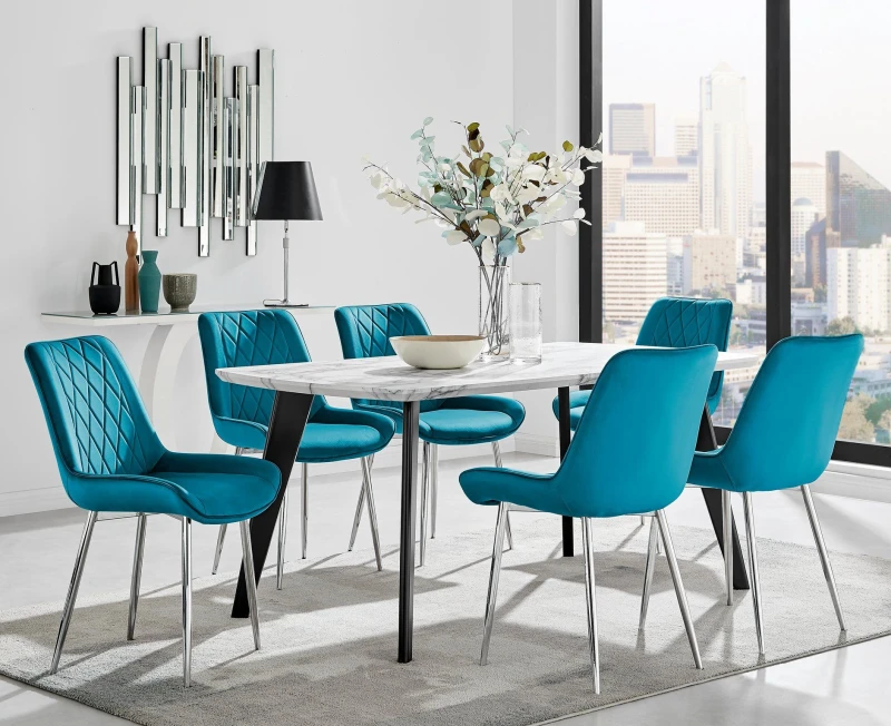 Image of FurnitureboxUK FurnitureboxUK Andria Marble Effect Dining Table With Black Legs & 6 Pesaro Velvet Silver Leg Chairs in Blue Blue One Size Unisex 50565